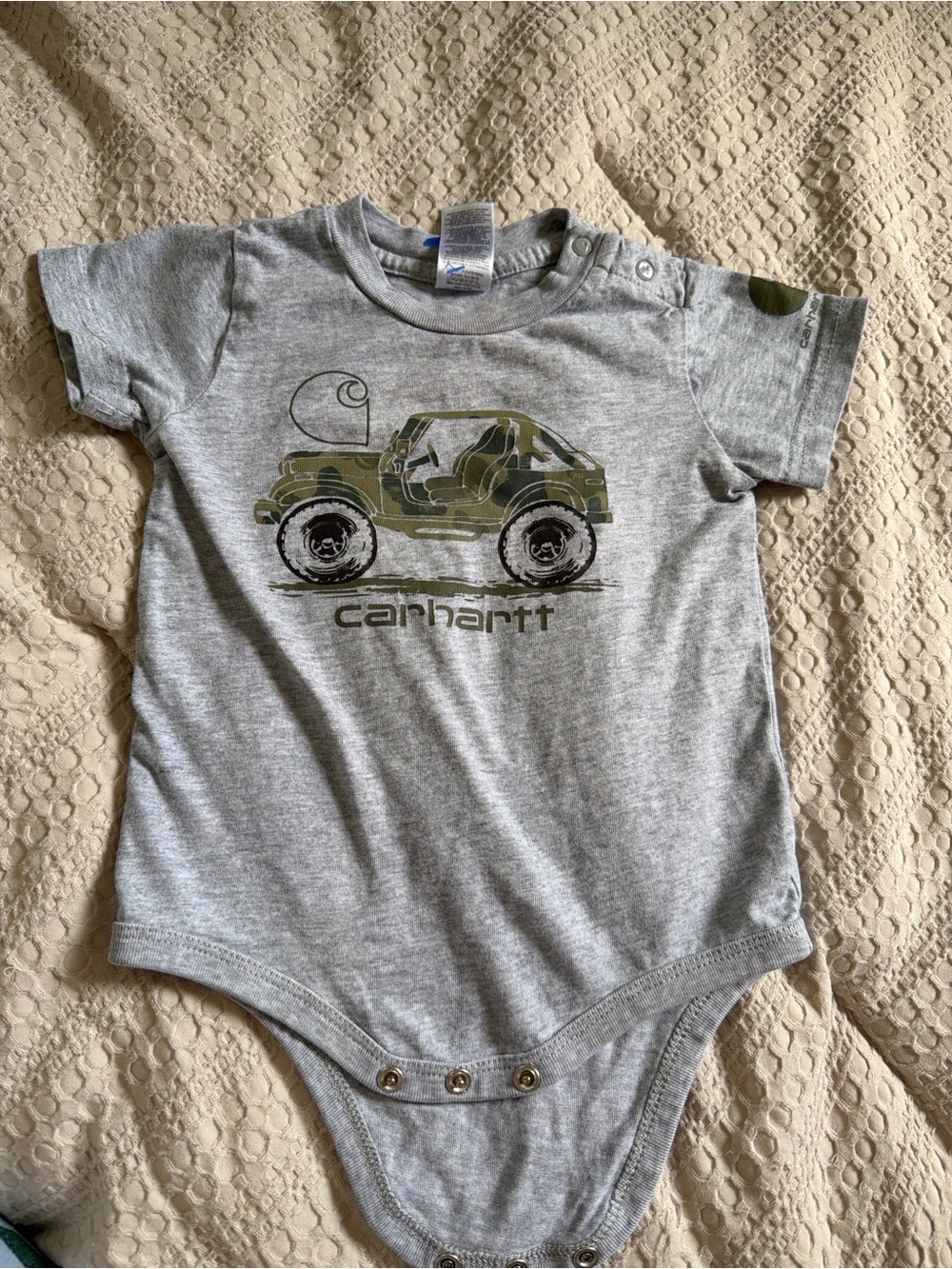 Carhartt Gray One-Piece Bodysuit with Green Camo Truck
